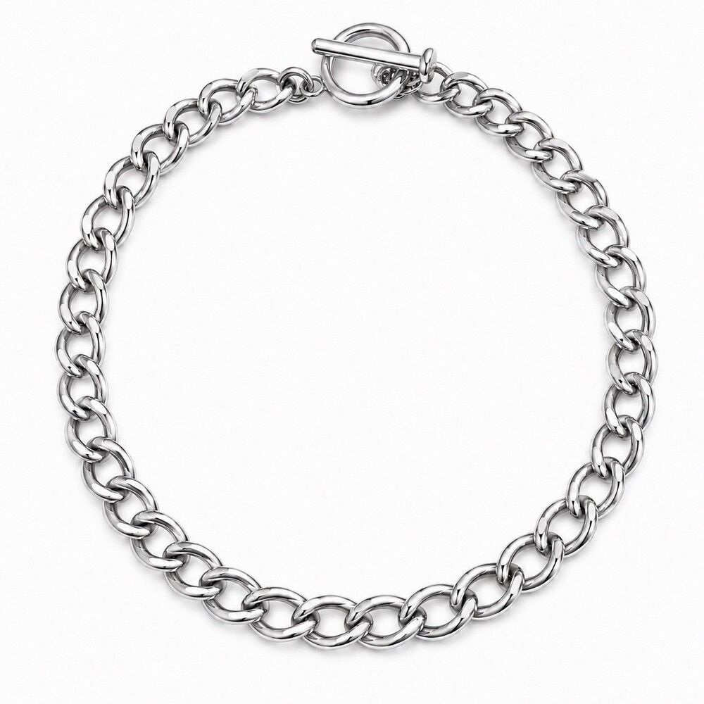 Silver Tone Chunky Rolo Link Necklace Heavy 18” Toggle Clasp Statement Chain